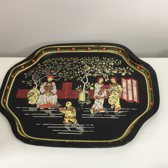 Vintage Asian Tin Tea Containers On Tray Decorative - Picture 5 of 16